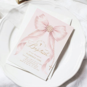 Goldener Blush Rosa Schleife Mädchen Taufe Religiö Einladung