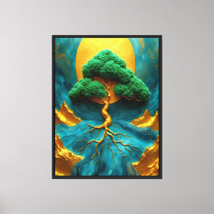 Goldener Bonsai Mondlicht – Türkisfall Zen-Wand Leinwanddruck