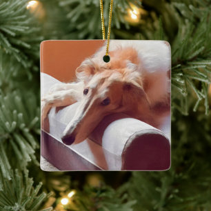 Goldener Borzoi-Weihnachtsschmuck Keramikornament
