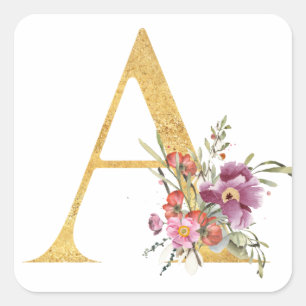Goldener Buchstabe A mit Blumen Quadratischer Aufkleber
