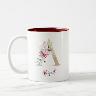 Goldener Buchstabe A, Monogramm A, Rosa Blumen-Ges Zweifarbige Tasse