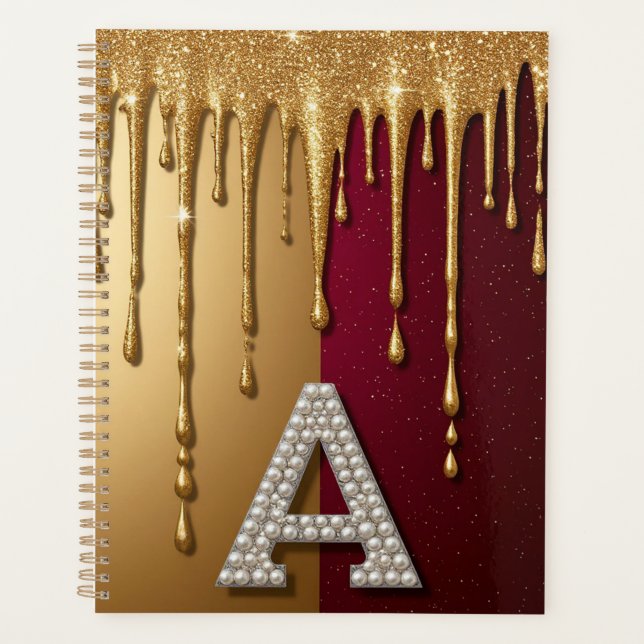 Goldener Buchstabe A Monogramm mit tropfender Meta Planer (Vorderseite)