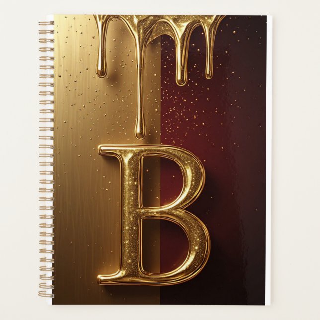 Goldener Buchstabe B Monogramm mit tropfender Meta Planer (Vorderseite)