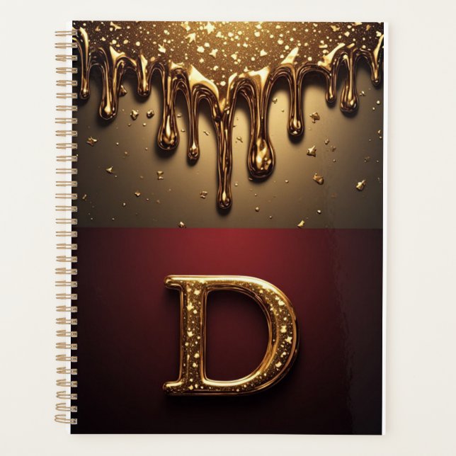 Goldener Buchstabe D Monogramm mit triefender Meta Planer (Vorderseite)