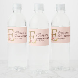 Goldener Buchstabe E Monogramm Blush Rosa Rosen Wasserflaschenetikett