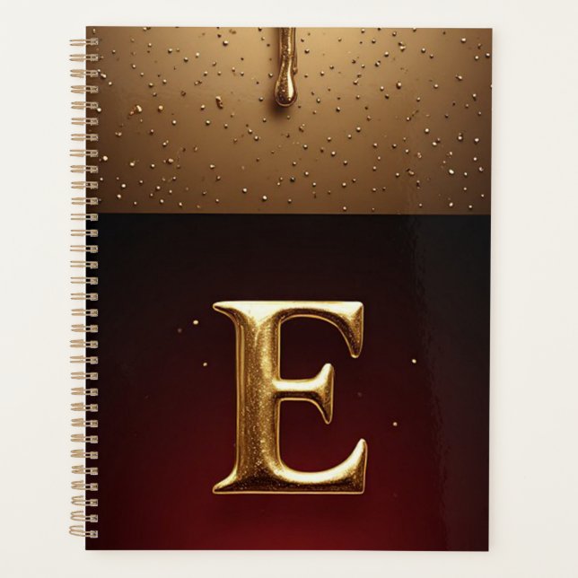 Goldener Buchstabe E Monogramm mit tropfender Meta Planer (Vorderseite)