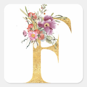 Goldener Buchstabe F mit Blumen Quadratischer Aufkleber