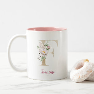 Goldener Buchstabe F, Monogramm F, Rosa Blumen-Ges Zweifarbige Tasse