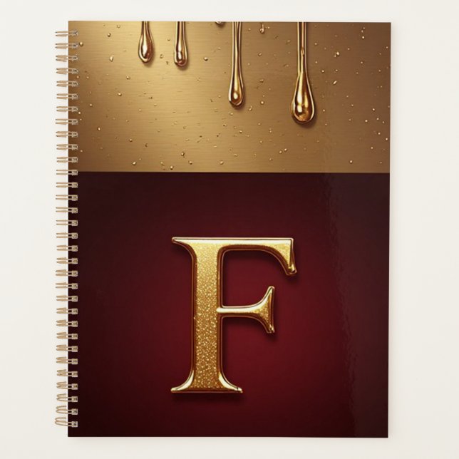 Goldener Buchstabe F Monogramm mit tropfender Meta Planer (Vorderseite)