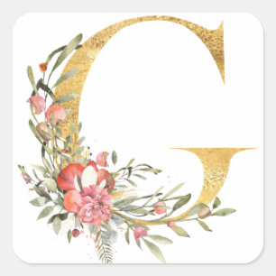 Goldener Buchstabe G mit Blumen Quadratischer Aufkleber