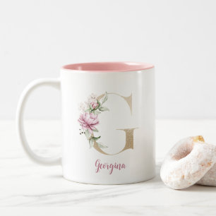 Goldener Buchstabe G, Monogramm G, Rosa Blumen-Ges Zweifarbige Tasse