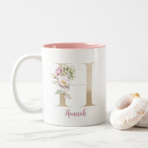 Goldener Buchstabe H, Monogramm H, Rosa Blumen-Ges Zweifarbige Tasse