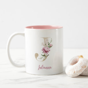 Goldener Buchstabe J, Monogramm J, Rosa Blumen-Ges Zweifarbige Tasse