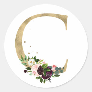 Goldener Buchstabe MONOGRAMM Boho-Burgunderblumen Runder Aufkleber