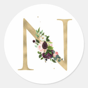 Goldener Buchstabe MONOGRAMM Boho-Burgunderblumen  Runder Aufkleber