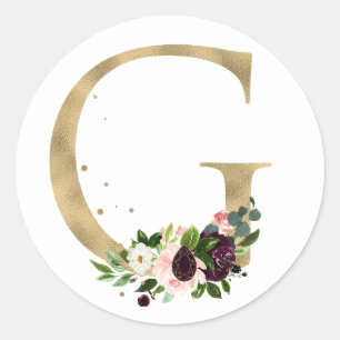Goldener Buchstabe MONOGRAMM Boho-Burgunderblumen Runder Aufkleber