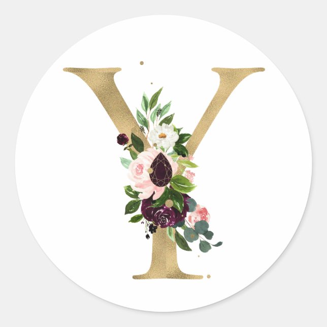 Goldener Buchstabe MONOGRAMM boho burgundy Blume C Runder Aufkleber (Vorderseite)