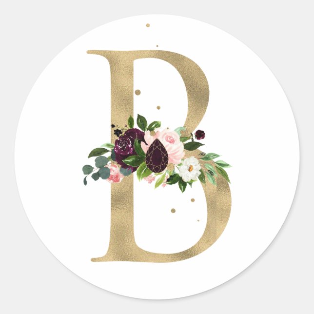 Goldener Buchstabe MONOGRAMM boho burgundy Blume Runder Aufkleber (Vorderseite)