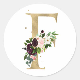 Goldener Buchstabe MONOGRAMM boho burgundy Blume Runder Aufkleber