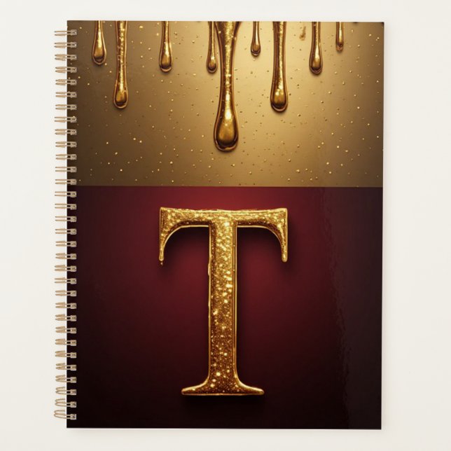 Goldener Buchstabe T Monogramm mit tropfender Meta Planer (Vorderseite)