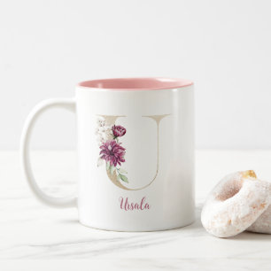 Goldener Buchstabe U, Monogramm U, Rosa Blumen-Ges Zweifarbige Tasse