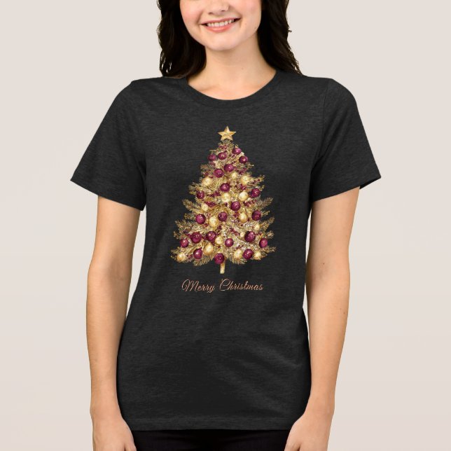Goldener Burgunder Weihnachtsbaum T - Shirt der Fr (Vorderseite)