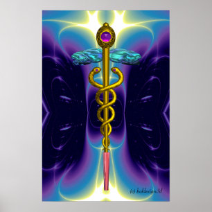 GOLDENER CADUCEUS Medizinisches Symbol Lila Blaue Poster