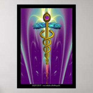 GOLDENER CADUCEUS Medizinisches Symbol Lila Grüne  Poster
