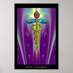 GOLDENER CADUCEUS Medizinisches Symbol Lila Grüne Poster