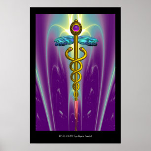 GOLDENER CADUCEUS Medizinisches Symbol Lila Grüne Poster