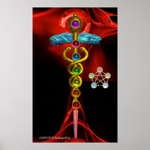 GOLDENER CADUCEUS UND 7 CHAKREN IN ROTER FRACTALRO POSTER