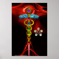 GOLDENER CADUCEUS UND 7 CHAKREN IN ROTER FRAKTALER