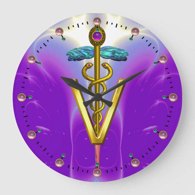 GOLDENER CADUCEUS-VETERINÄRsymbol/blaues Lila Große Wanduhr (Vorderseite)
