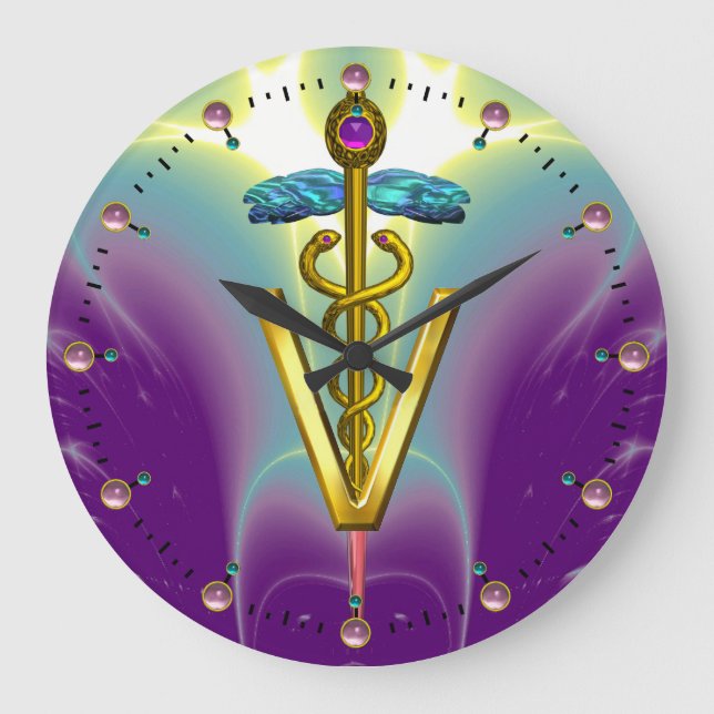 GOLDENER CADUCEUS-VETERINÄRsymbol/lila aquamarines Große Wanduhr (Vorderseite)