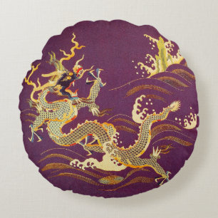 Goldener chinesischer Drache bestickt mit Seide Rundes Kissen