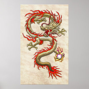 Goldener chinesischer Drache Fucanglong auf Reißpa Poster