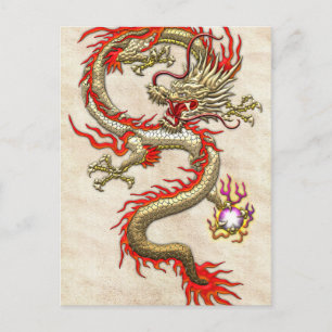 Goldener chinesischer Drache Fucanglong auf Reißpa Postkarte