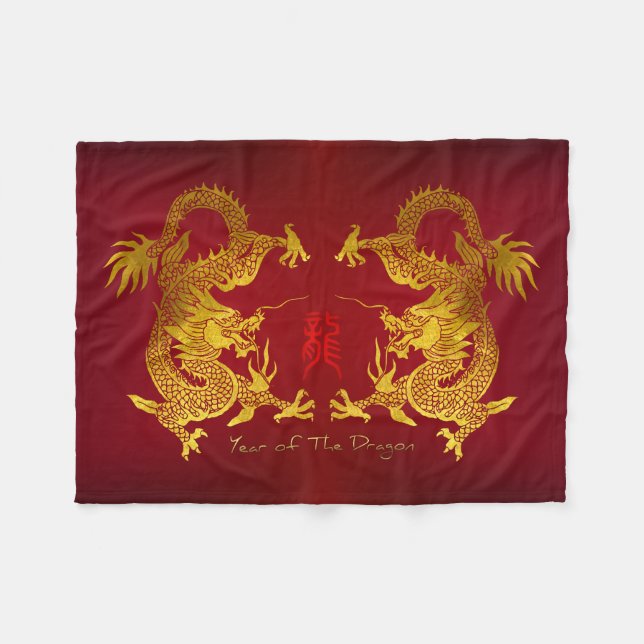 Goldener chinesischer Drache mit altem Ideogramm F Fleecedecke (Vorderseite (Horizontal))