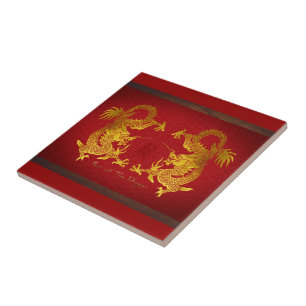 Goldener chinesischer Drache mit altem Ideogramm T Fliese