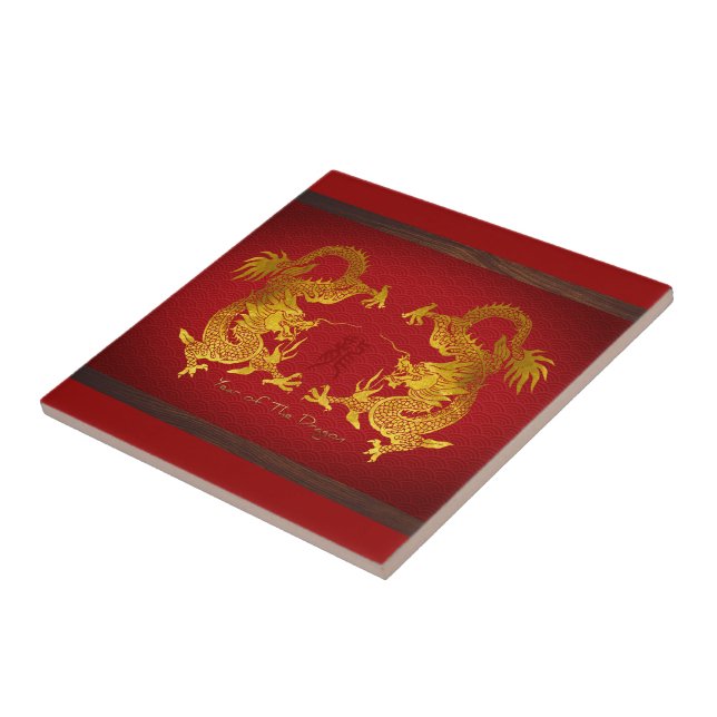 Goldener chinesischer Drache mit altem Ideogramm T Fliese (Seite)
