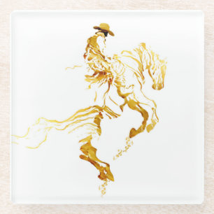 Goldener Cowboy auf aufbäumendem Pferd Glasuntersetzer