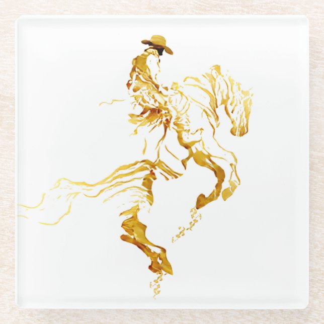 Goldener Cowboy auf aufbäumendem Pferd  Glasuntersetzer (Vorderseite)