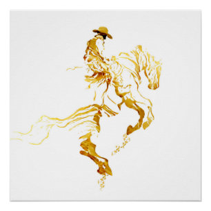 Goldener Cowboy auf aufbäumendem Pferd Poster