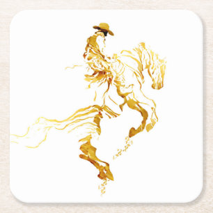 Goldener Cowboy auf aufbäumendem Pferd Rechteckiger Pappuntersetzer
