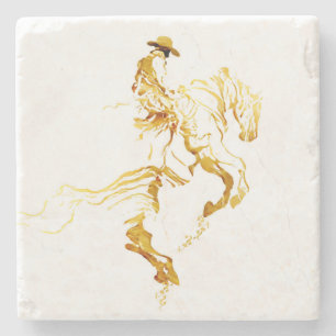 Goldener Cowboy auf aufbäumendem Pferd Steinuntersetzer