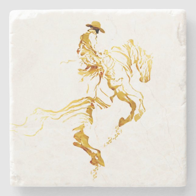 Goldener Cowboy auf aufbäumendem Pferd  Steinuntersetzer (Vorderseite)