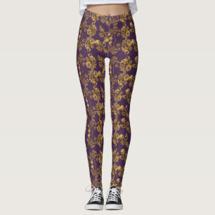 Goldener Damast, Blumendruck wirbelnd auf lila Leggings
