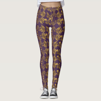 Goldener Damast, Blumendruck wirbelnd auf lila Leggings