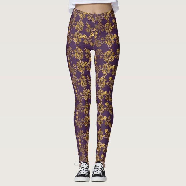 Goldener Damast, Blumendruck wirbelnd auf lila Leggings (Vorderseite)