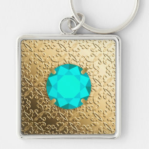 Goldener Damast mit Aquamarine-Edelstein-Imitaten Schlüsselanhänger